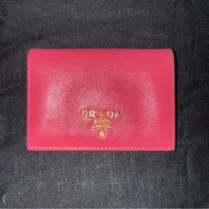 Authentic ◆ PRADA Pink Saffiano Leather Card Holder Card case Pink x Gold Logo ◆